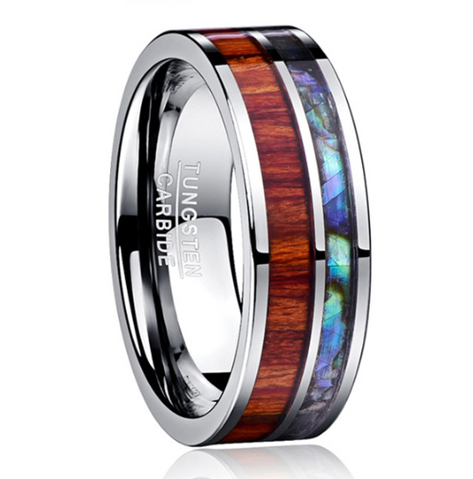 8MM Wide Tungsten Steel Ring With Polished Wood Grain Men's Rings