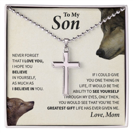 To My Son | Stainless Cross Necklace With Ball Chain